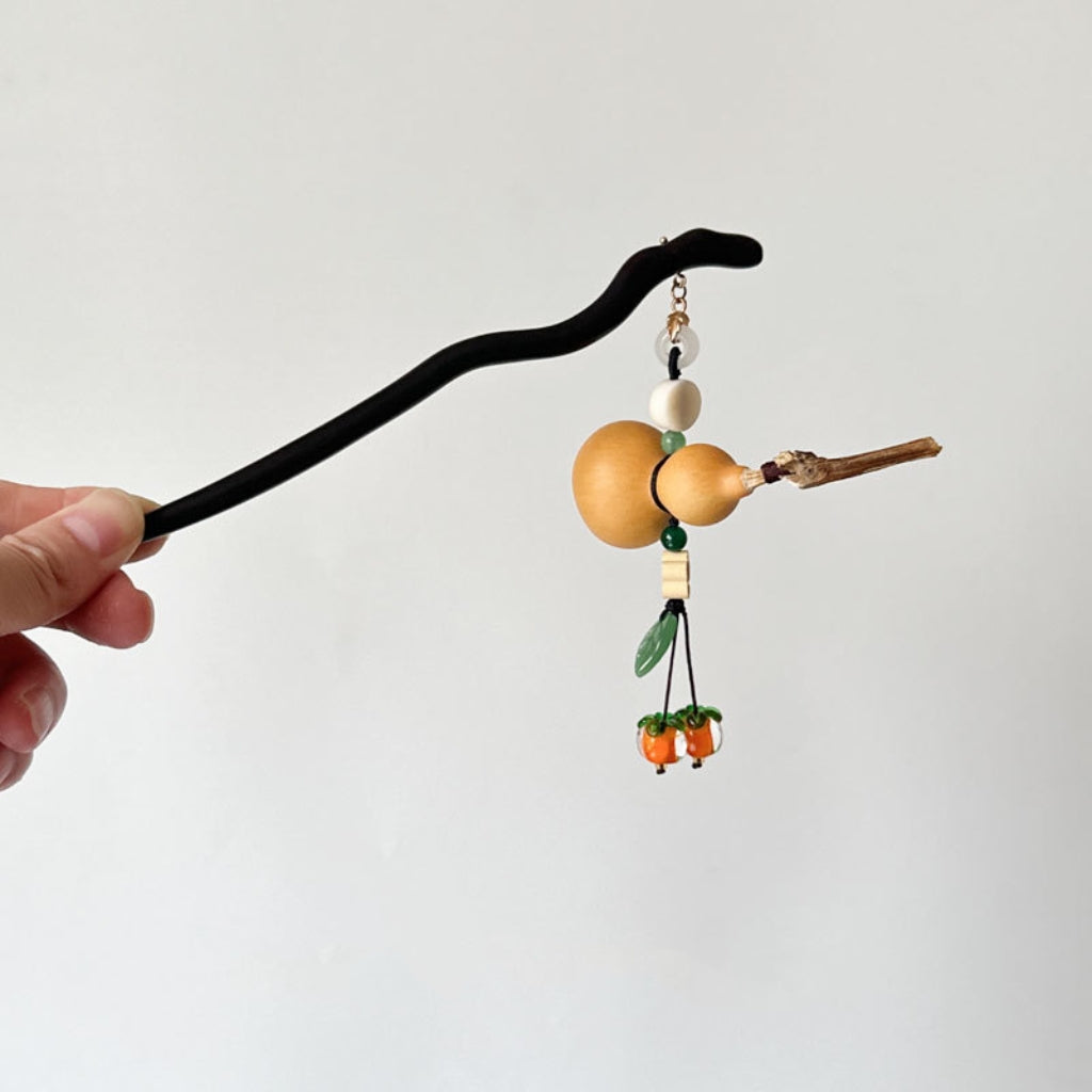 Letitdao Double Blessing Hairpin Sandalwood Hair Stick with Persimmon & Gourd for Good Fortune Elegant Chinese Hairstick