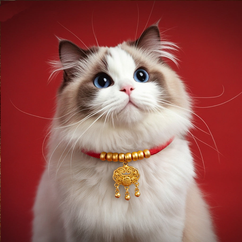 Letitdao New Year Vitality Pet Collar Adjustable Longevity Lock & Gold Beads for Safety Energy Festive Wellness Circle