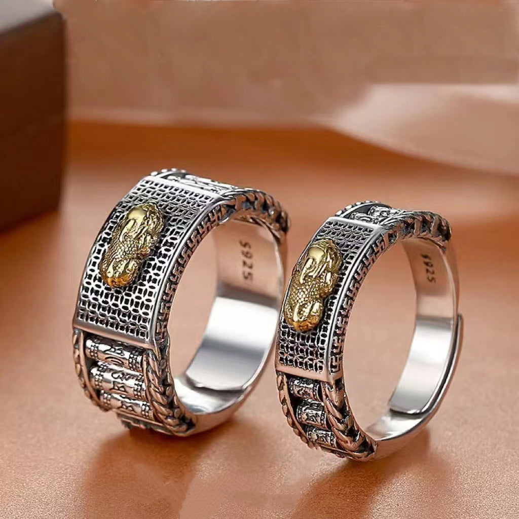 Letitdao Kinetic Mantra Band Set Rotating Prayer Wheel in Blackened Silver Adjustable Unisex Ring Pair