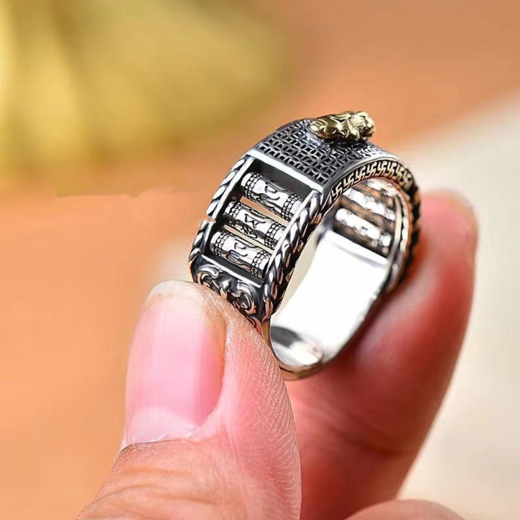 Letitdao Kinetic Mantra Band Set Rotating Prayer Wheel in Blackened Silver Adjustable Unisex Ring Pair