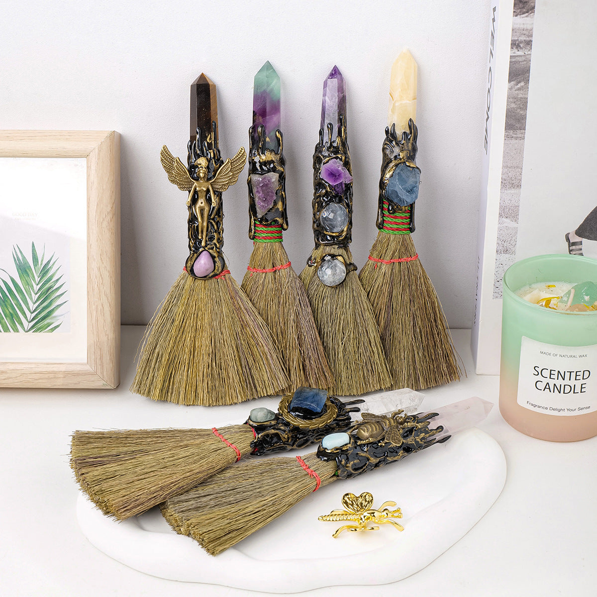 Letitdao Amethyst Quartz Point Besom | Altar Broom - Raw Amethyst and Tumbled Crystals