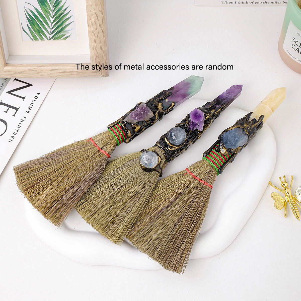 Letitdao Amethyst Quartz Point Besom | Altar Broom - Raw Amethyst and Tumbled Crystals