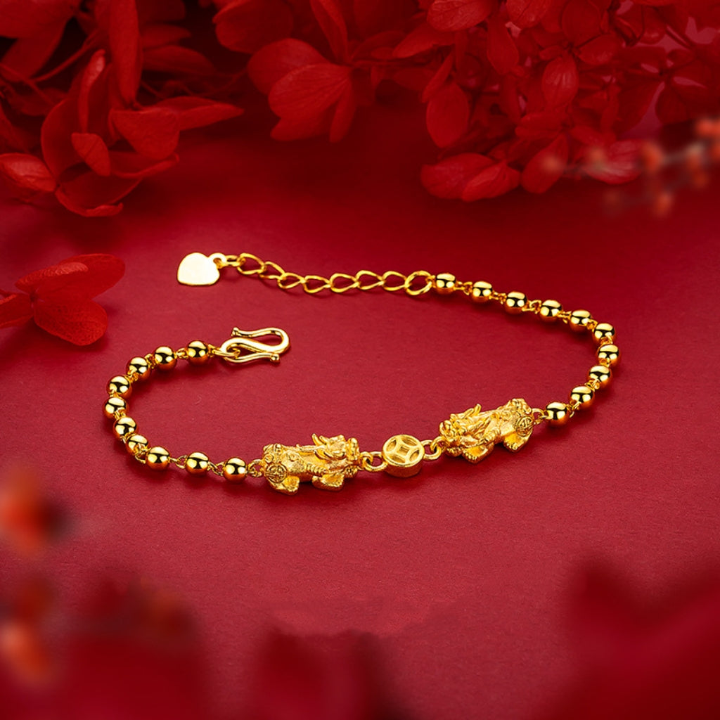 Letitdao Double Pi Xiu Wealth Bracelet Gold-Plated Beads for Powerful Money Attraction & Protection
