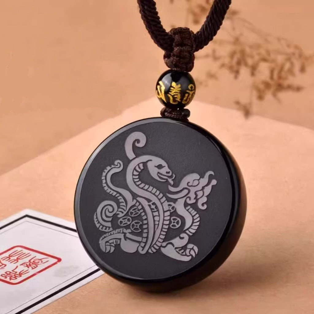 Letitdao Career Flow & Strategic Wisdom Pendant Black Obsidian “Xuanwu” Tortoise-Snake for Water Element Energy