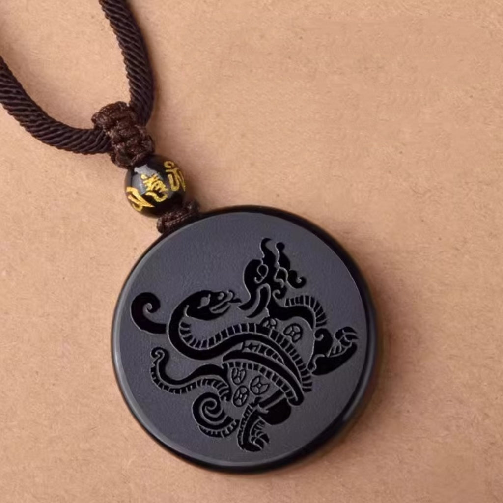Letitdao Career Flow & Strategic Wisdom Pendant Black Obsidian “Xuanwu” Tortoise-Snake for Water Element Energy