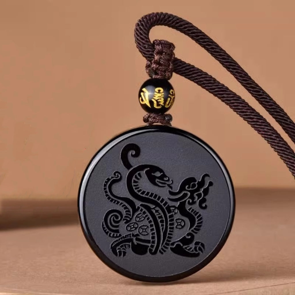 Letitdao Career Flow & Strategic Wisdom Pendant Black Obsidian “Xuanwu” Tortoise-Snake for Water Element Energy