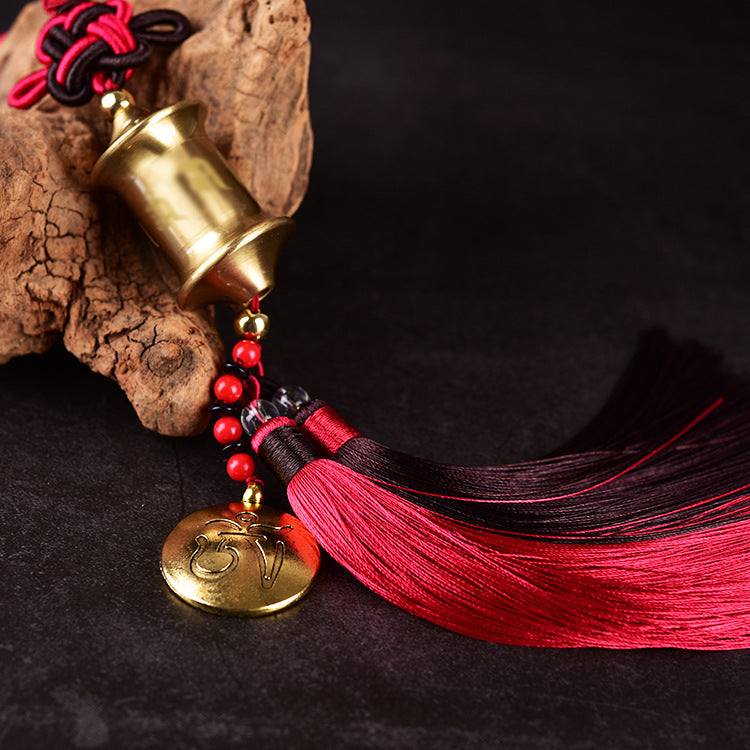 Letitdao Chinese Style Prayer Wheel Car Charm Solid Brass Ornament with Two-Color Tassel for Travel Blessings & Safe Journey