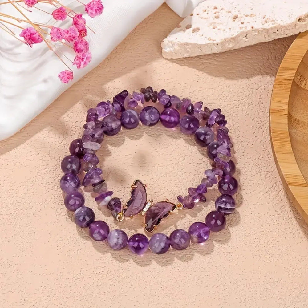 Letitdao Butterfly Transformation Duo Genuine Purple Gemstone Stacking Bracelets for Intuition & Mindful Elegance Natural Crystal Gift Set