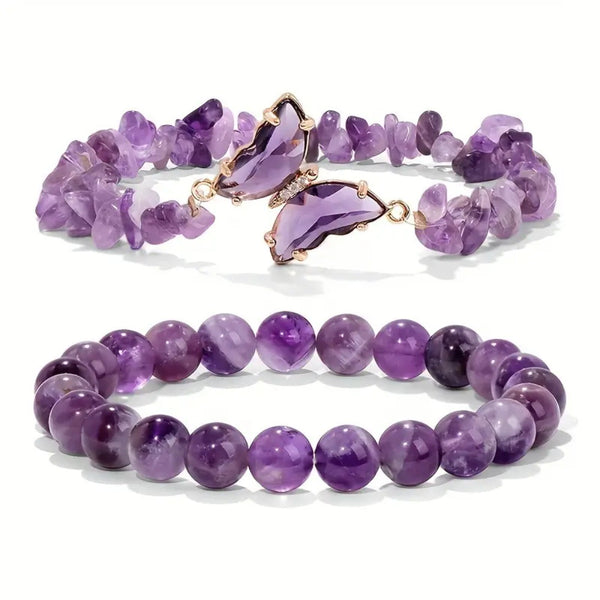 Letitdao Butterfly Transformation Duo Genuine Purple Gemstone Stacking Bracelets for Intuition & Mindful Elegance Natural Crystal Gift Set