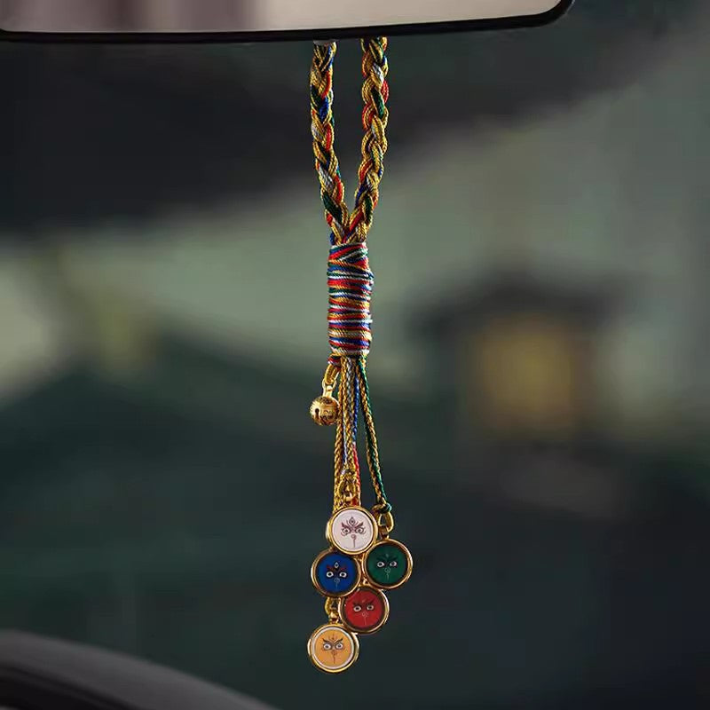 Letitdao Tibetan Thangka Car Ornament Handwoven Five Deities Pendant for Wealth & Travel Blessing Premium Spiritual Gift