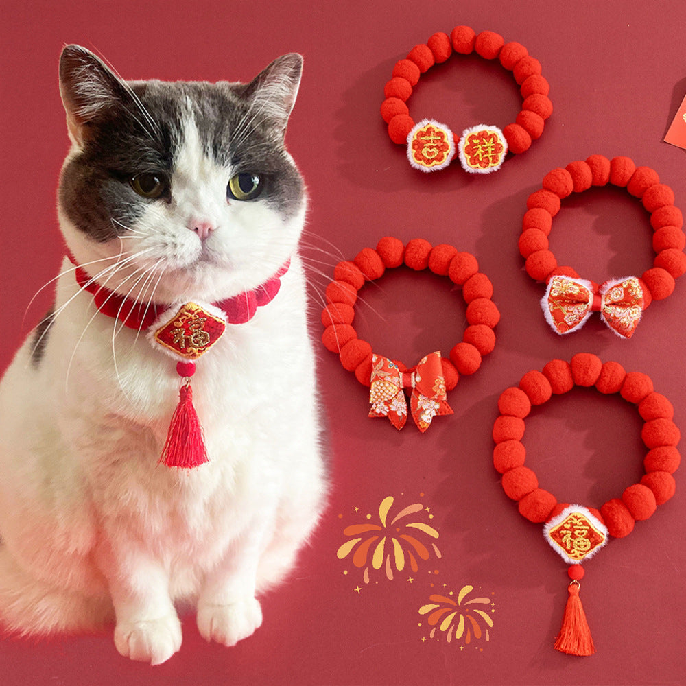 Letitdao Festive Harmony Pet Collar Lucky Pom & Symbol Design for New Year Joy & Emotional Comfort Adjustable Celebration Band