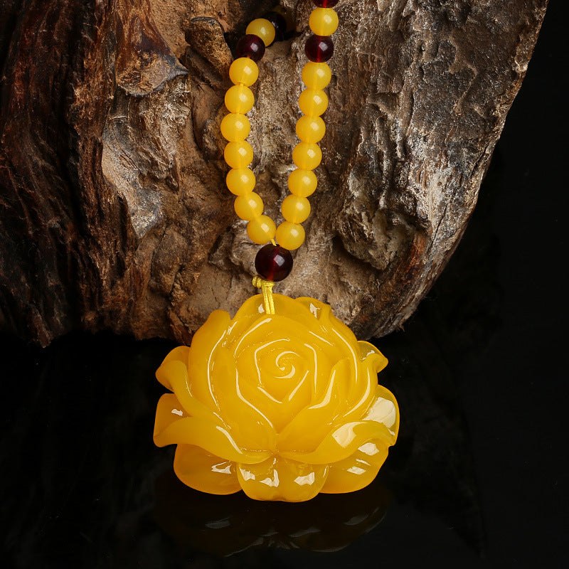 Letitdao Vintage Honey Amber Pendant Necklace Carved Peony & Protection Lock for Good Fortune