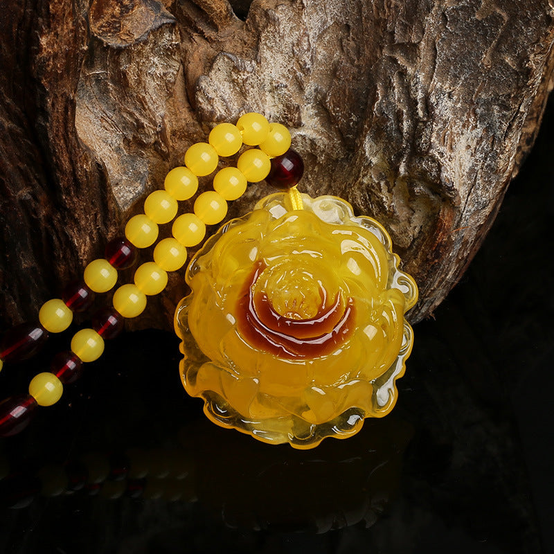 Letitdao Vintage Honey Amber Pendant Necklace Carved Peony & Protection Lock for Good Fortune
