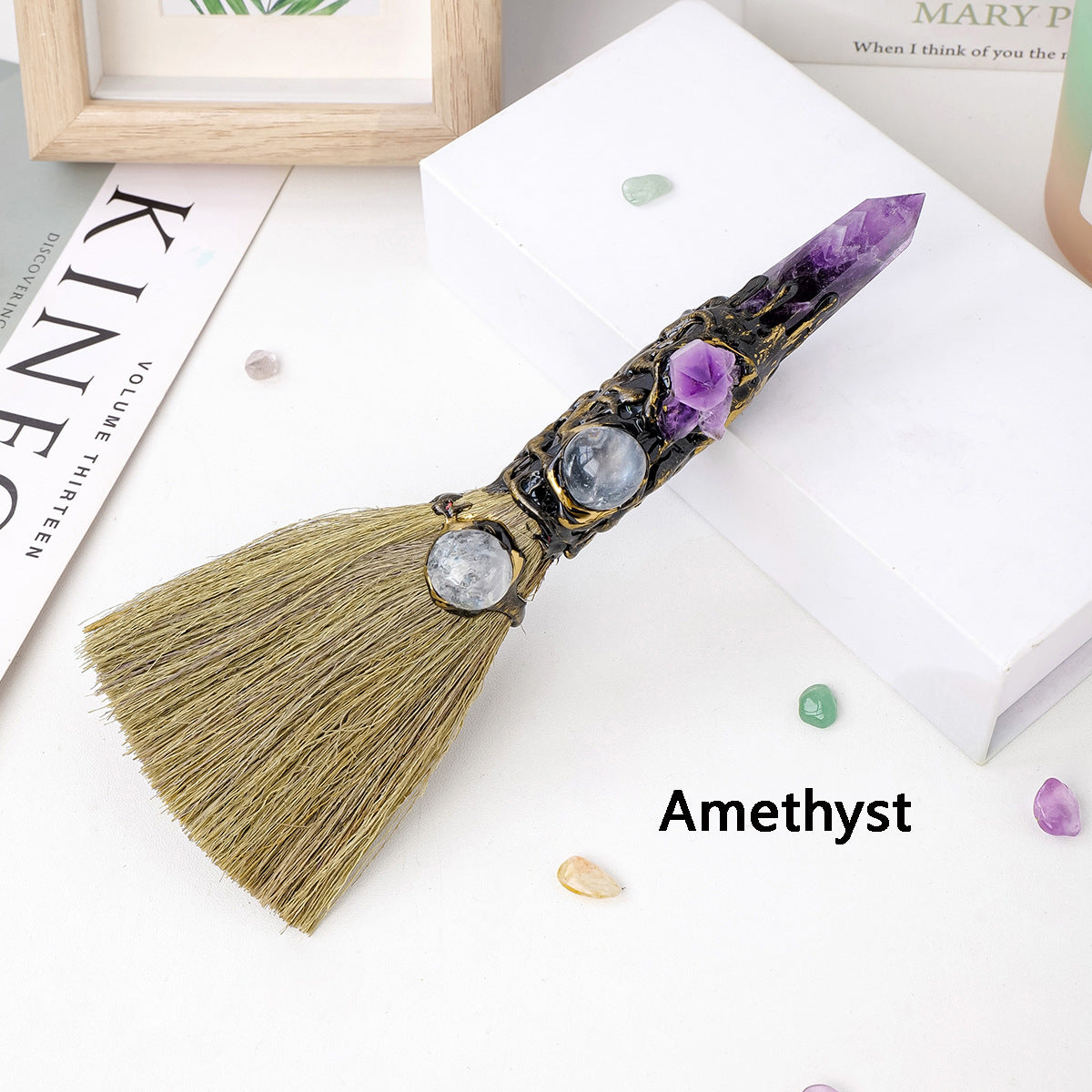 Letitdao Amethyst Quartz Point Besom | Altar Broom - Raw Amethyst and Tumbled Crystals