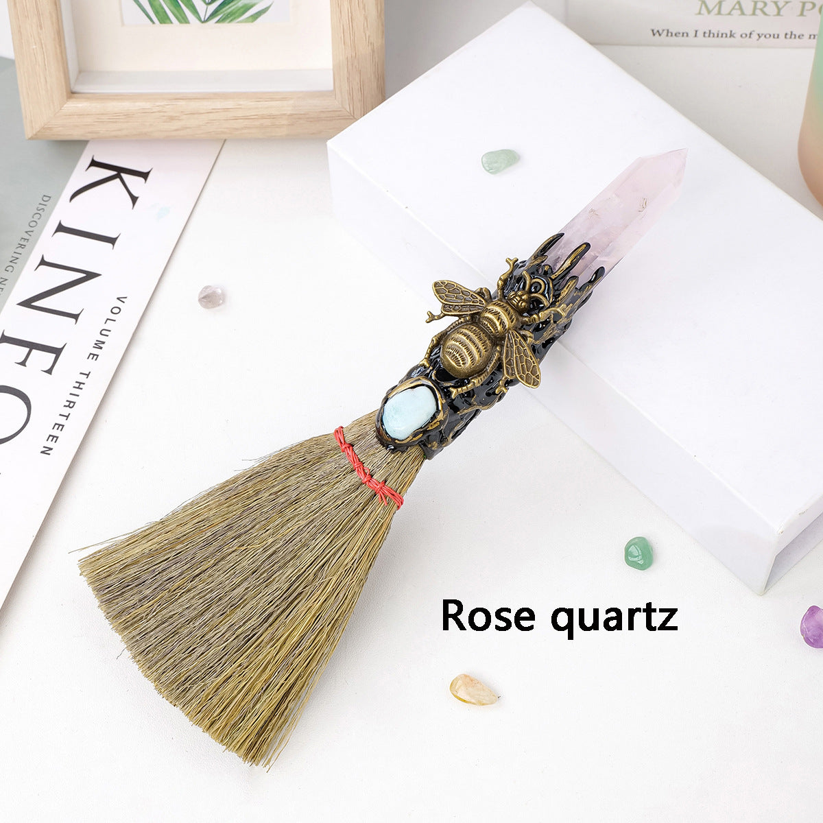 Letitdao Amethyst Quartz Point Besom | Altar Broom - Raw Amethyst and Tumbled Crystals