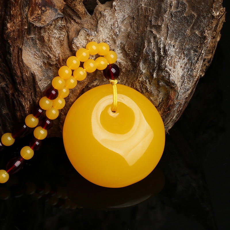 Letitdao Vintage Honey Amber Pendant Necklace Carved Peony & Protection Lock for Good Fortune