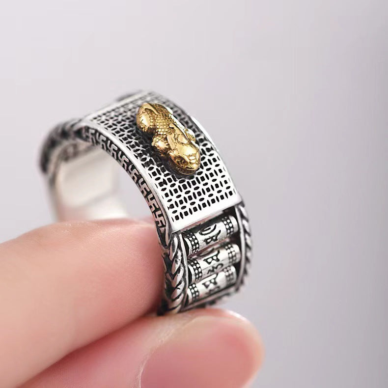 Letitdao Kinetic Mantra Band Set Rotating Prayer Wheel in Blackened Silver Adjustable Unisex Ring Pair