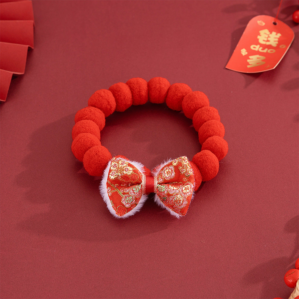 Letitdao Festive Harmony Pet Collar Lucky Pom & Symbol Design for New Year Joy & Emotional Comfort Adjustable Celebration Band