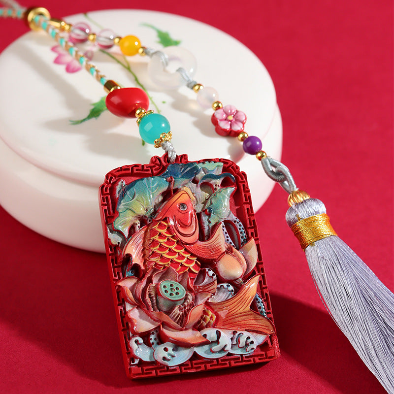 Letitdao Natural Cinnabar "Wealth Fish" Car Charm Hand-Painted Vermilion Red Pendant for Abundance & Good Luck