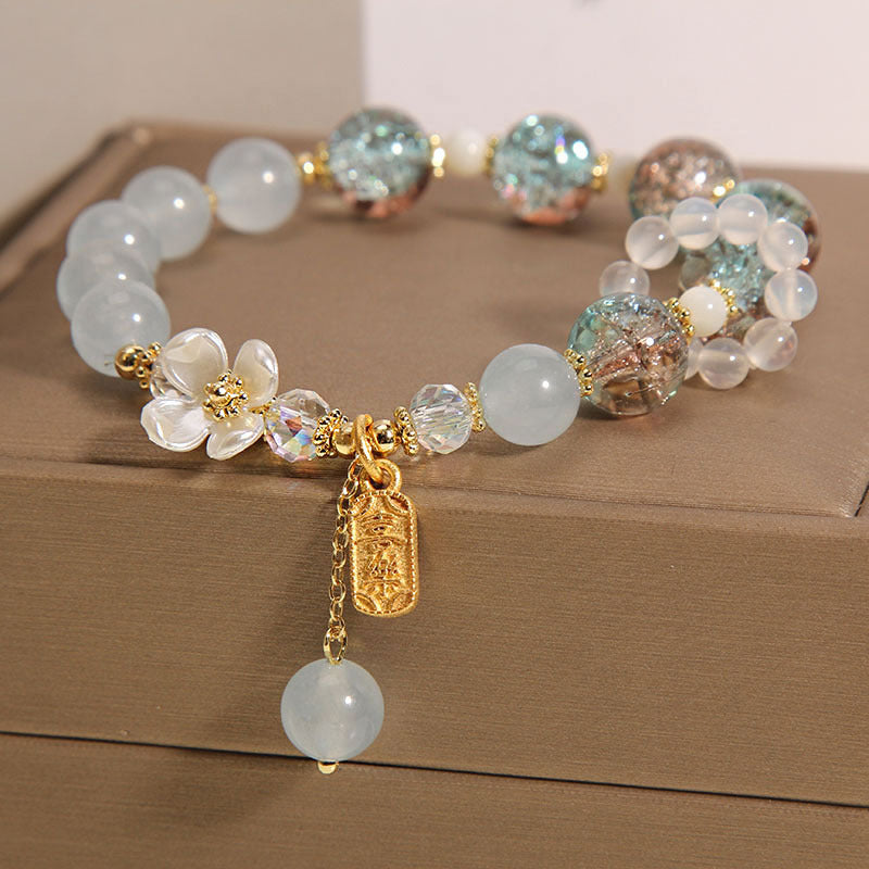 Letitdao Natural Blue/Amethyst Chalcedony Flower Healing Bracelet