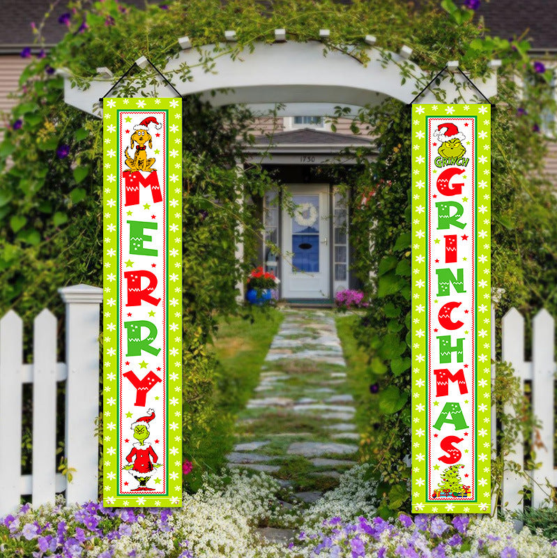 Letitdao Grinch & Santa Outdoor Set Quirky Couplet Curtain & Banners For Ironic Christmas Whimsical Party Decor