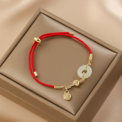 Letitdao Natural Hetian Jade Peace Buckle Red Rope Bracelet - Fortune Word Braided Bracelet