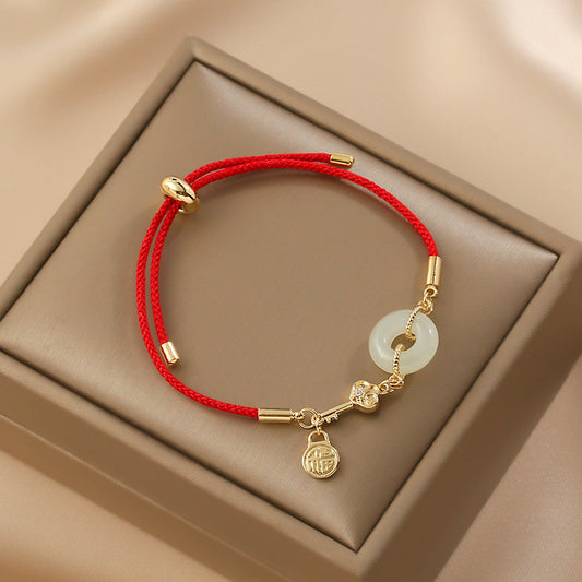 Letitdao Natural Hetian Jade Peace Buckle Red Rope Bracelet - Fortune Word Braided Bracelet