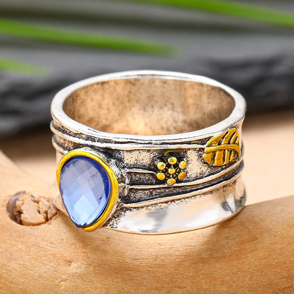 $9.9 Includes All Fees-Letitdao Oval Aquamarine Ring - Teardrop Gemstone Leaf and Flower Fashion Ring