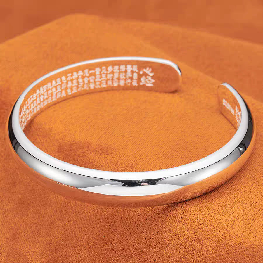 Letitdao Polished Mantra Cuff Open Silver Bangle With Convex Sanskrit Couple Energy Jewelry