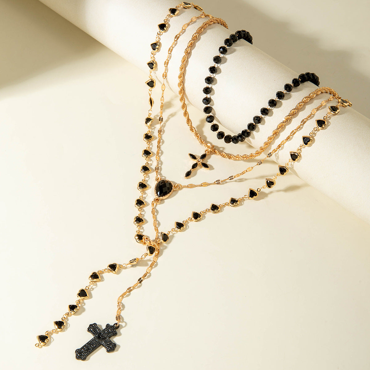 Letitdao Layered Faith Necklace Geometric Cross & Heart Y-chain with Diamonds Modular Stacking Jewelry