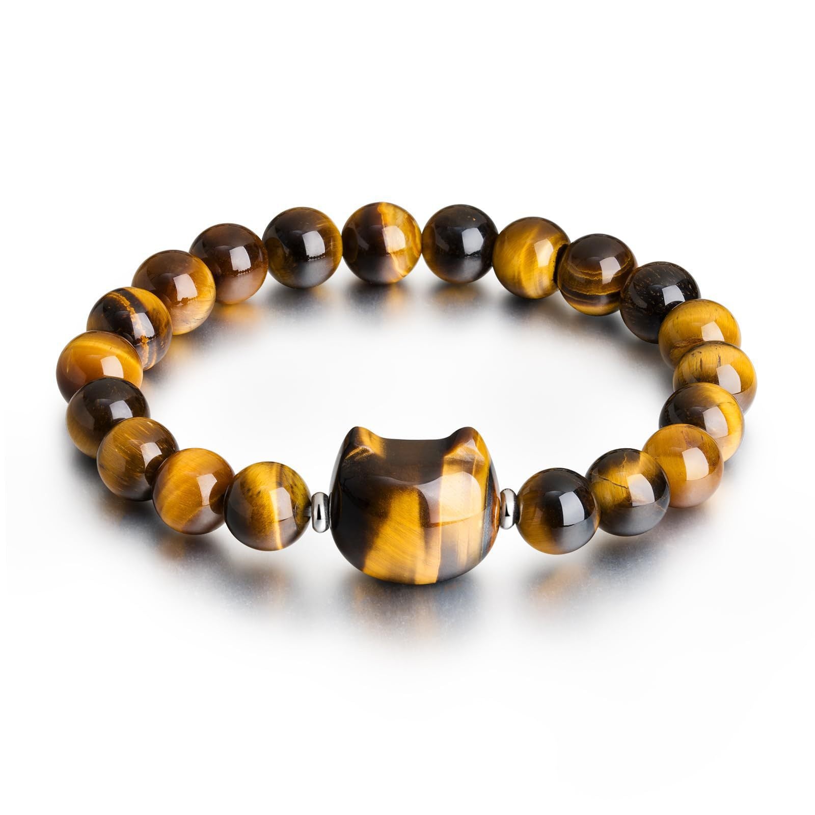 Letitdao Your Feline Energy Ally Bracelet of Love (Rose Quartz) & Courage (Tiger's Eye) with Adorable Cat Beads