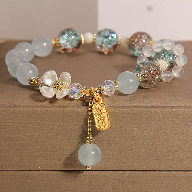 Letitdao Natural Blue/Amethyst Chalcedony Flower Healing Bracelet