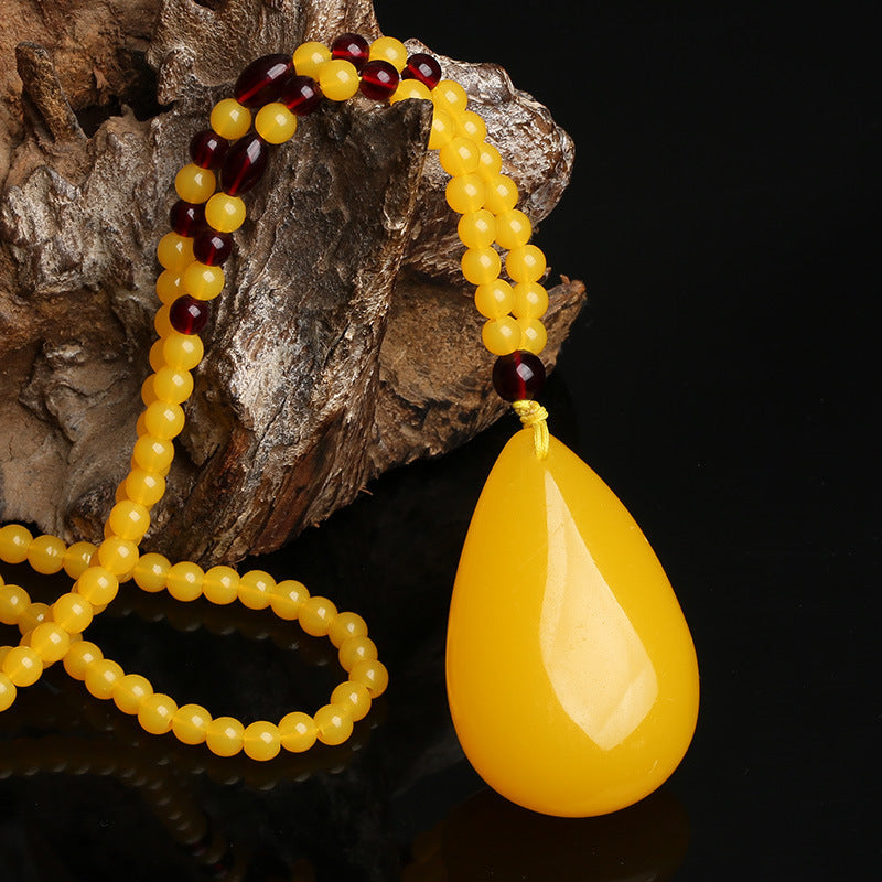 Letitdao Vintage Honey Amber Pendant Necklace Carved Peony & Protection Lock for Good Fortune