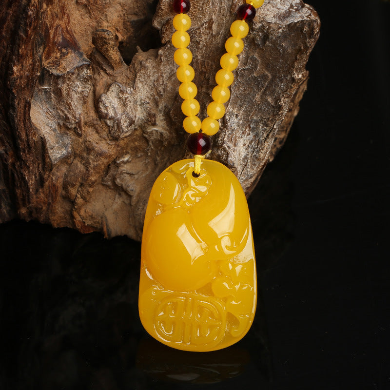 Letitdao Vintage Honey Amber Pendant Necklace Carved Peony & Protection Lock for Good Fortune