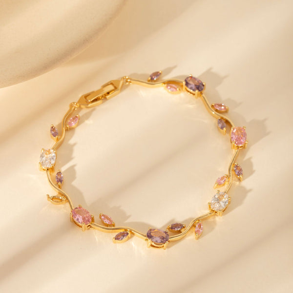 $9.9 Includes All Fees-Letitdao Gold Pastel Tulip Floral Bracelet-18K Coquette Flower Bracelet- Pink & Lilac Crystals – Fairytale Inspired Jewelry Gift for Her