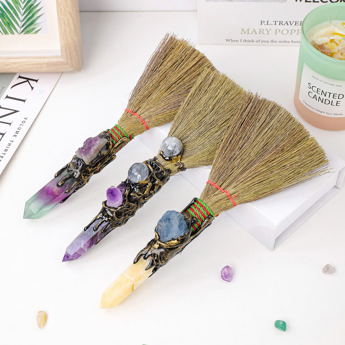 Letitdao Amethyst Quartz Point Besom | Altar Broom - Raw Amethyst and Tumbled Crystals