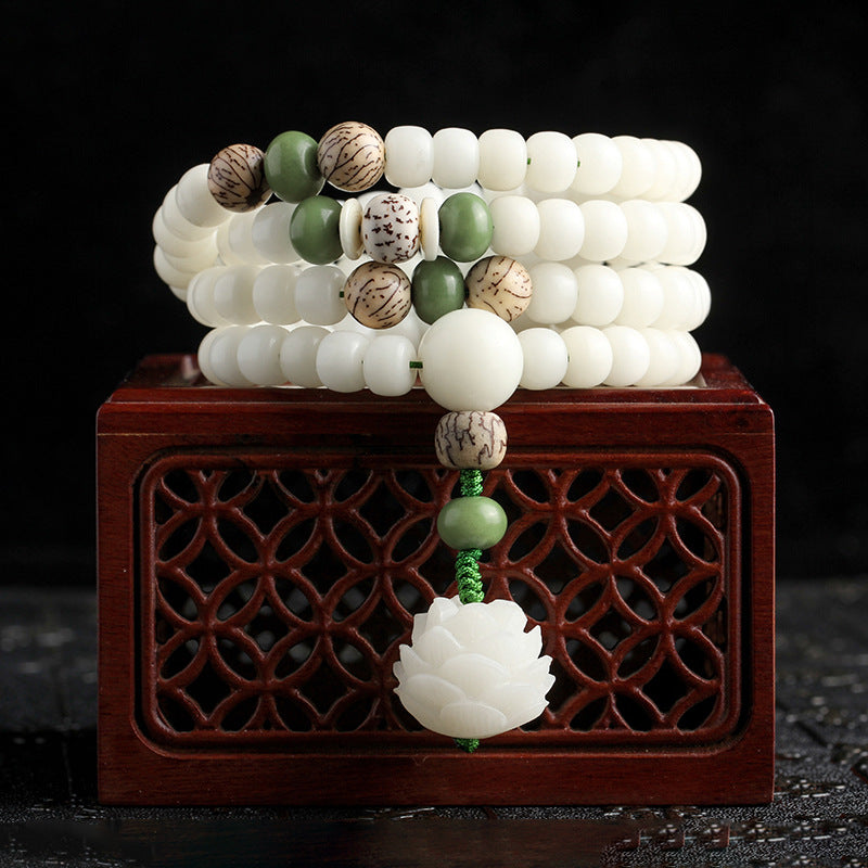 Letitdao Natural White Jade Bodhi Lotus 108 Beads Harmony Necklace Bracelet
