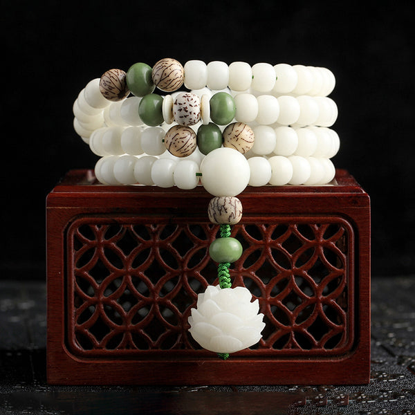 Letitdao Natural White Jade Bodhi Lotus 108 Beads Harmony Necklace Bracelet & Necklace