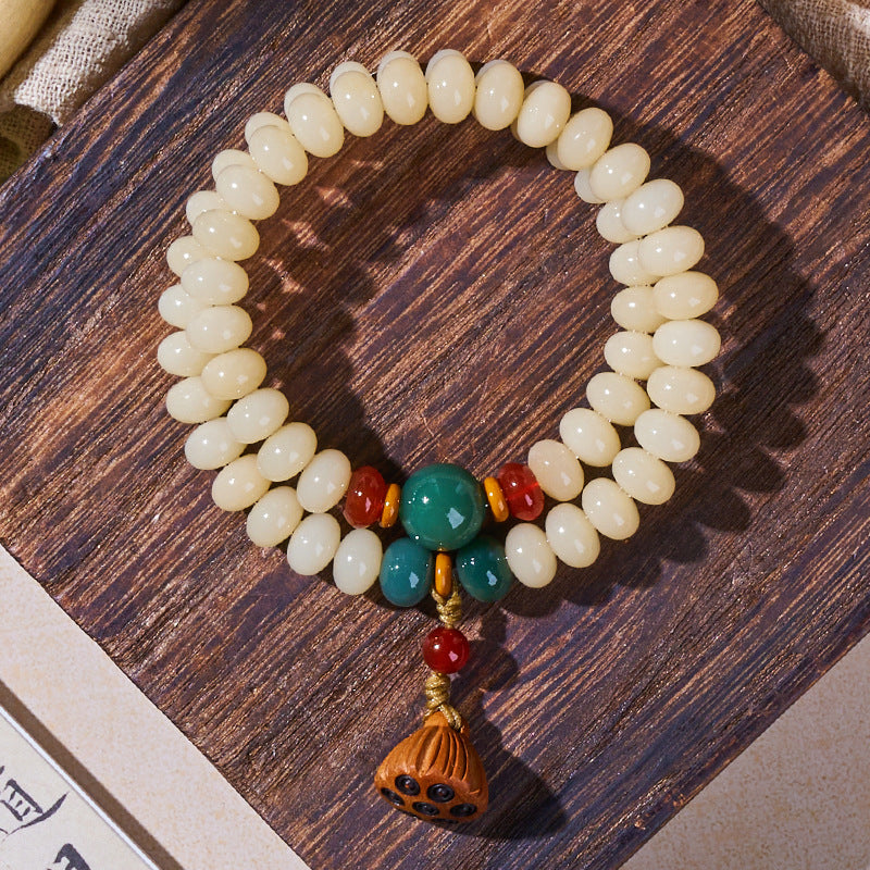 Letitdao Anxiety Relief Bracelet White Bodhi Seed and Wooden Lotus Pendant Necklace Bohemian Style Jewelry