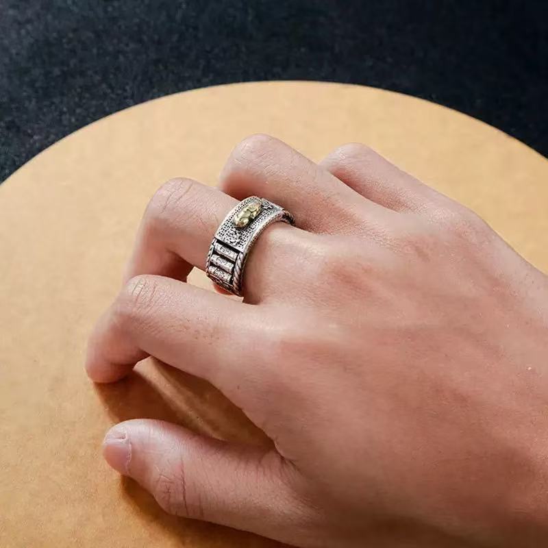 Letitdao Kinetic Mantra Band Set Rotating Prayer Wheel in Blackened Silver Adjustable Unisex Ring Pair