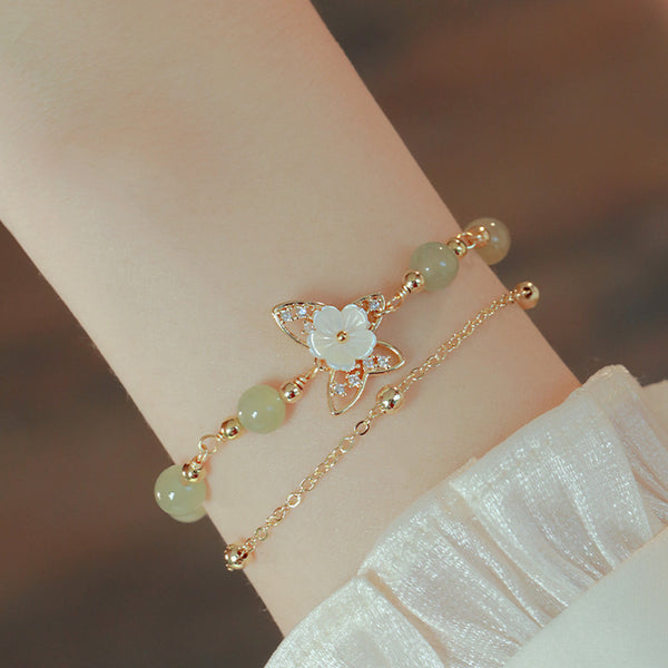 Letitdao Shell & Flower & Butterfly & Hetian Jade Double Layer Lucky Bracelet