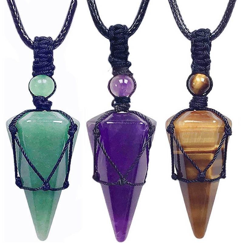 Letitdao Natural Stone Pointed Net Pocket Hexagonal Pillar Pendant Necklace（35MMX21MM）